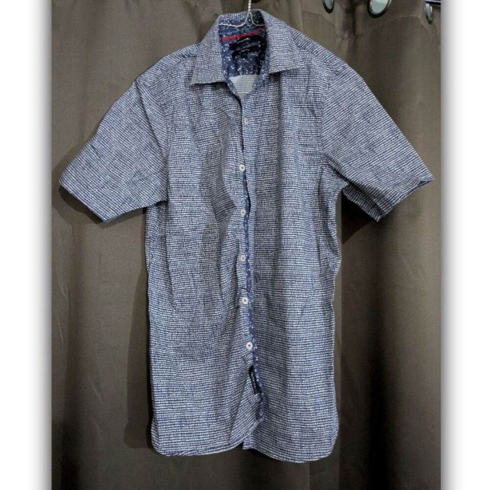 TAHARI Mens S Blue White Print Shirt Pointed Collar Stretch Cotton Casual Work